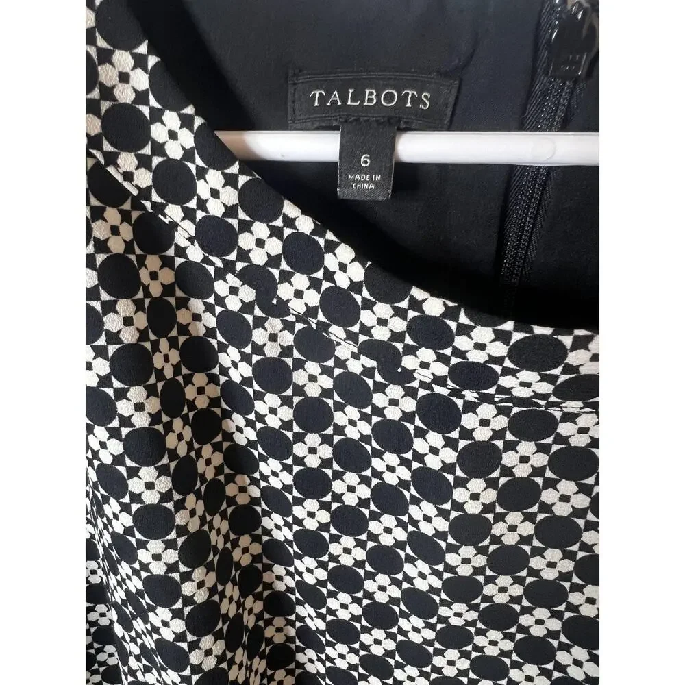 Talbots Dress Wm 6 Black White Geometric Print Short‎ Sleeve Fit & Flare Chic
